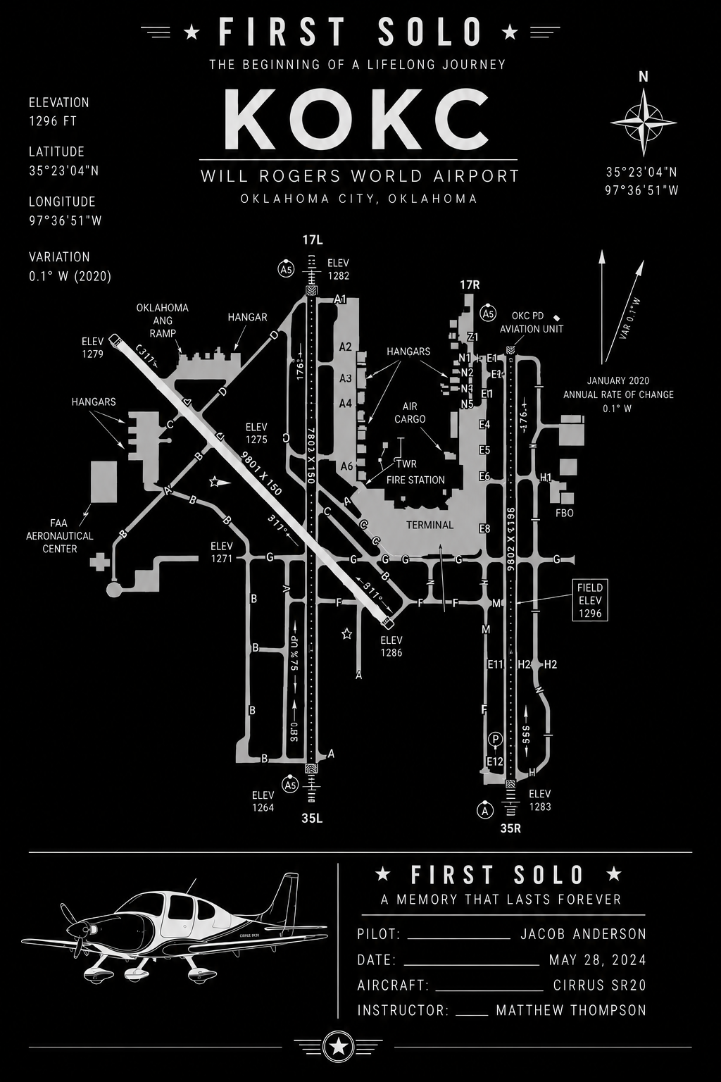 Personalized KOKC Will Rogers World Airport First Solo aviation print